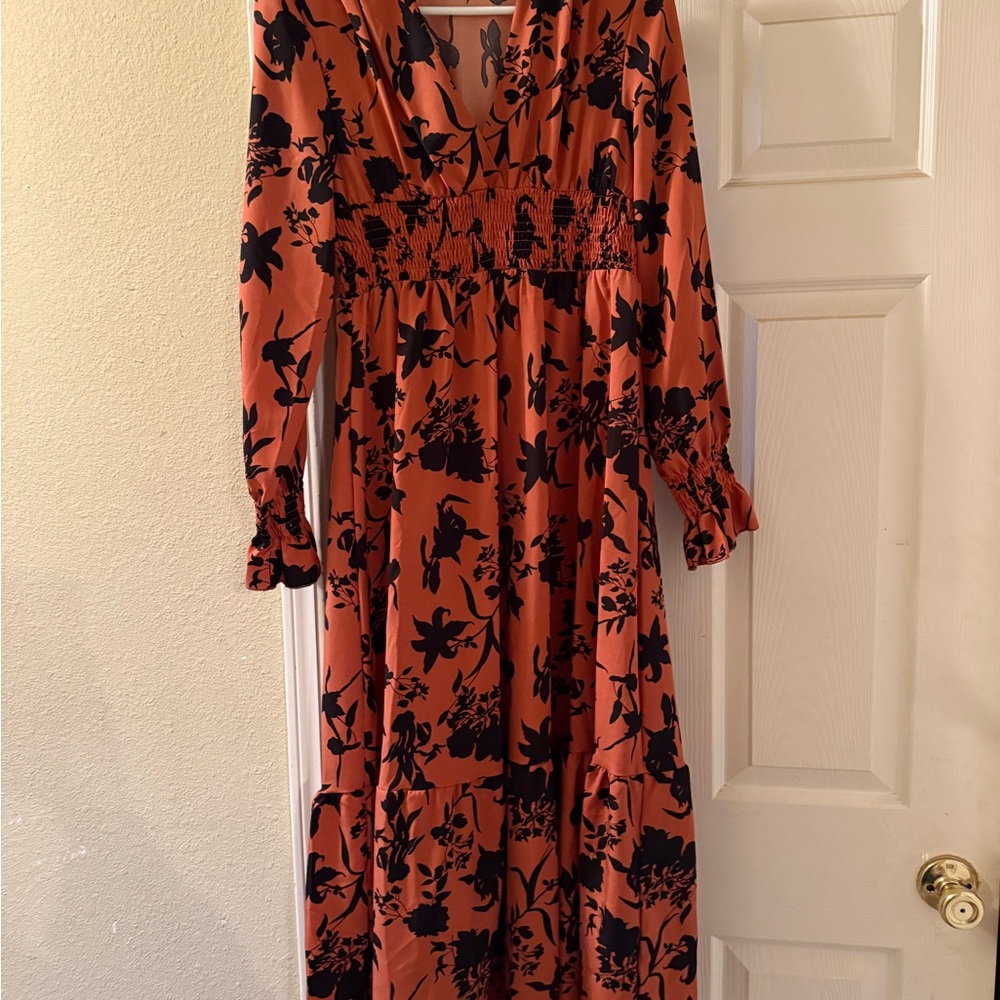 Orange and Black Smocked Long Sleeve Sundress